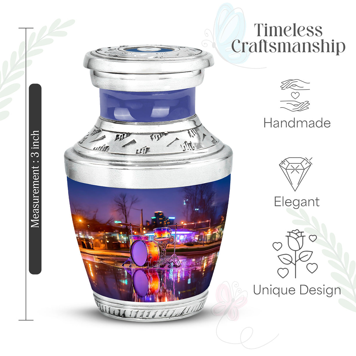 Serene Blue Drums Cremation Urn top-down view of secure threaded lid - stylized abstract drums pattern with bold lines - mini keepsake memorial for portion of cremation ashes