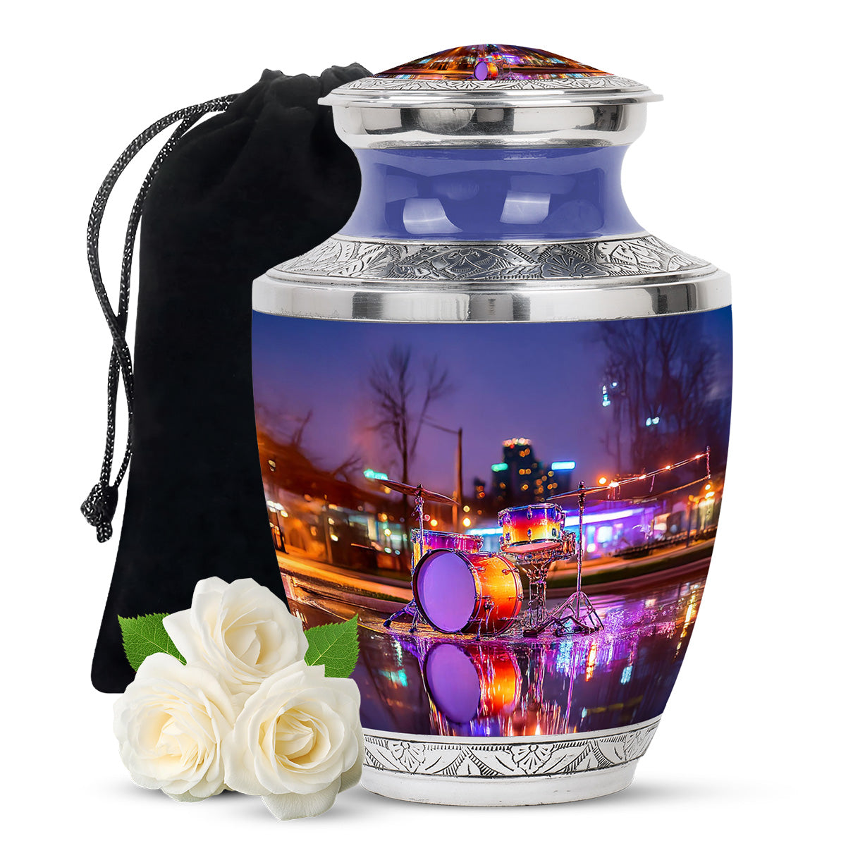 Dusty Blue Drums Cremation Urn side profile showing urn shape - modern art-inspired drums motif on sleek aluminum - full-size 10 inch 200 cubic inch adult cremation urn