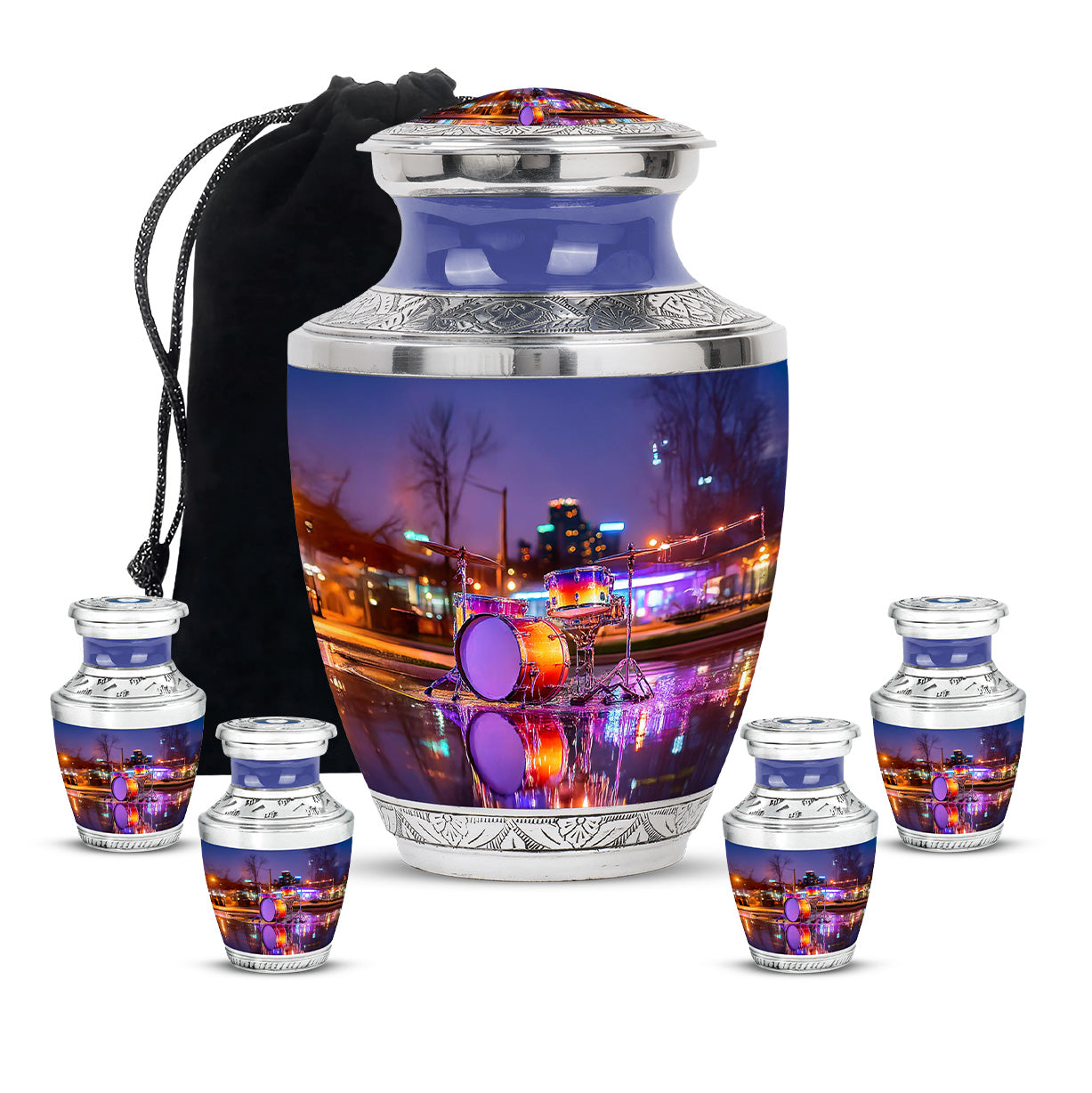 Azure Drums Cremation Urn lifestyle display on memorial shelf - modern art-inspired drums motif on sleek aluminum - memorial set with one large and four small urns