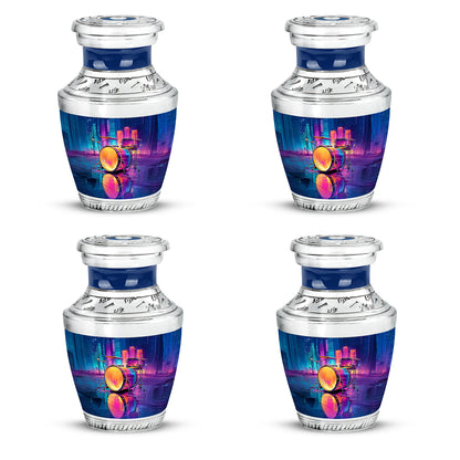 Vivid Blue Drums Cremation Urn back view with polished surface - stylized abstract drums pattern with bold lines - 10 inch aluminum urn for cremated remains