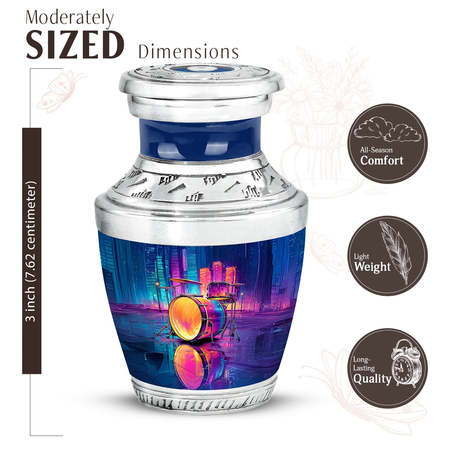 Cobalt Blue Drums Cremation Urn top-down view of secure threaded lid - artistic drums interpretation with creative detail - mini keepsake memorial for portion of cremation ashes