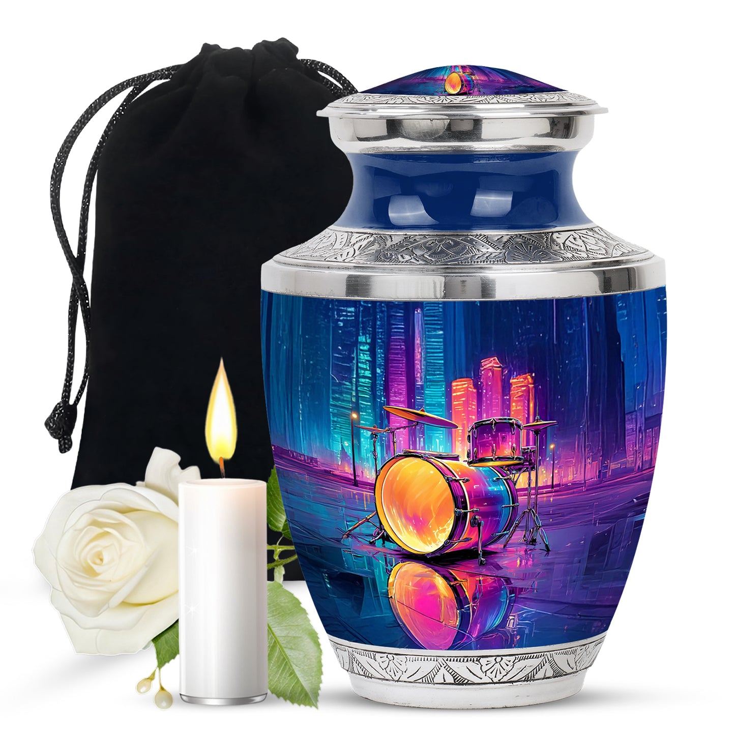 Icy Blue Drums Cremation Urn side profile showing urn shape - modern art-inspired drums motif on sleek aluminum - full-size 10 inch 200 cubic inch adult cremation urn