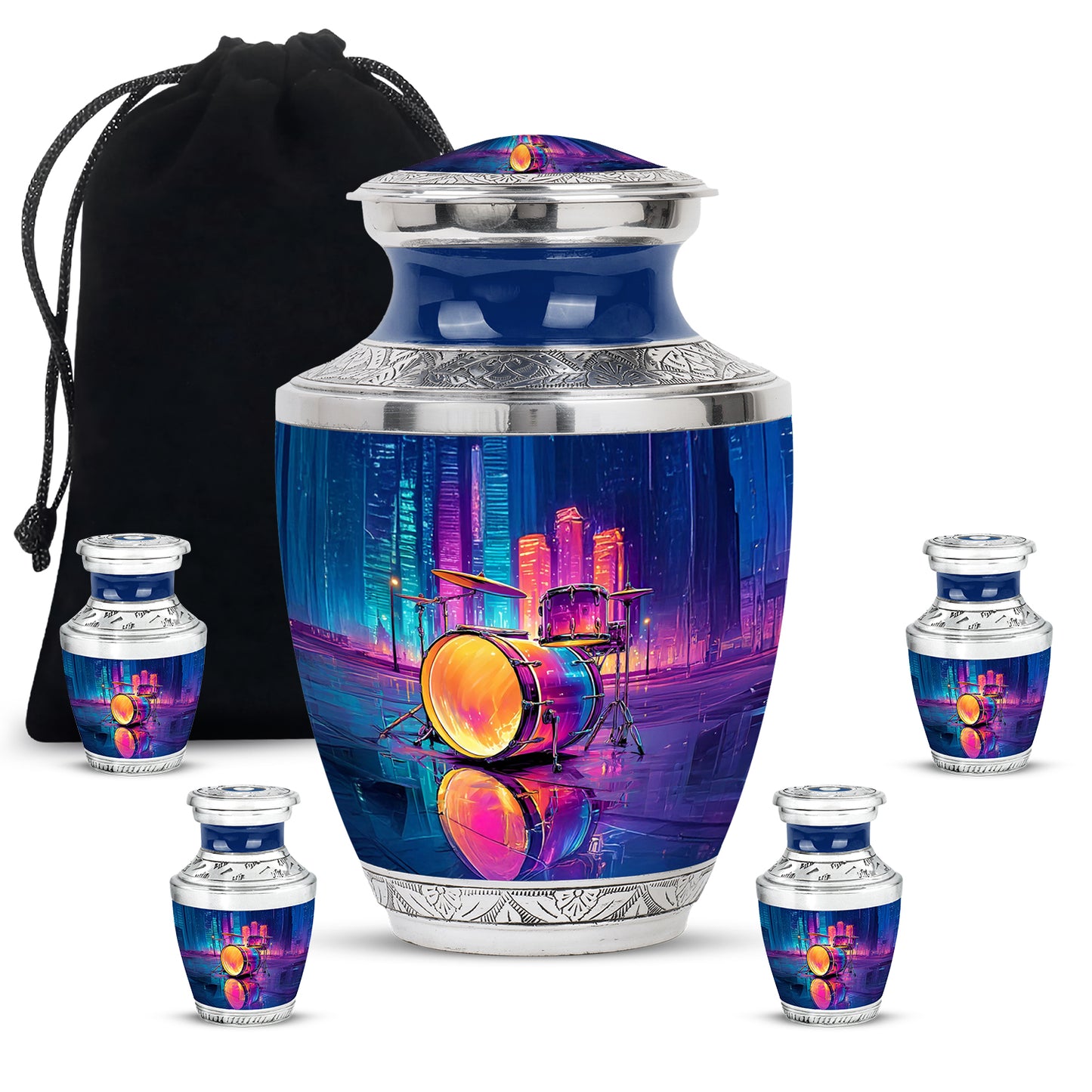 Serene Blue Drums Cremation Urn lifestyle display on memorial shelf - artistic drums interpretation with creative detail - memorial set with one large and four small urns