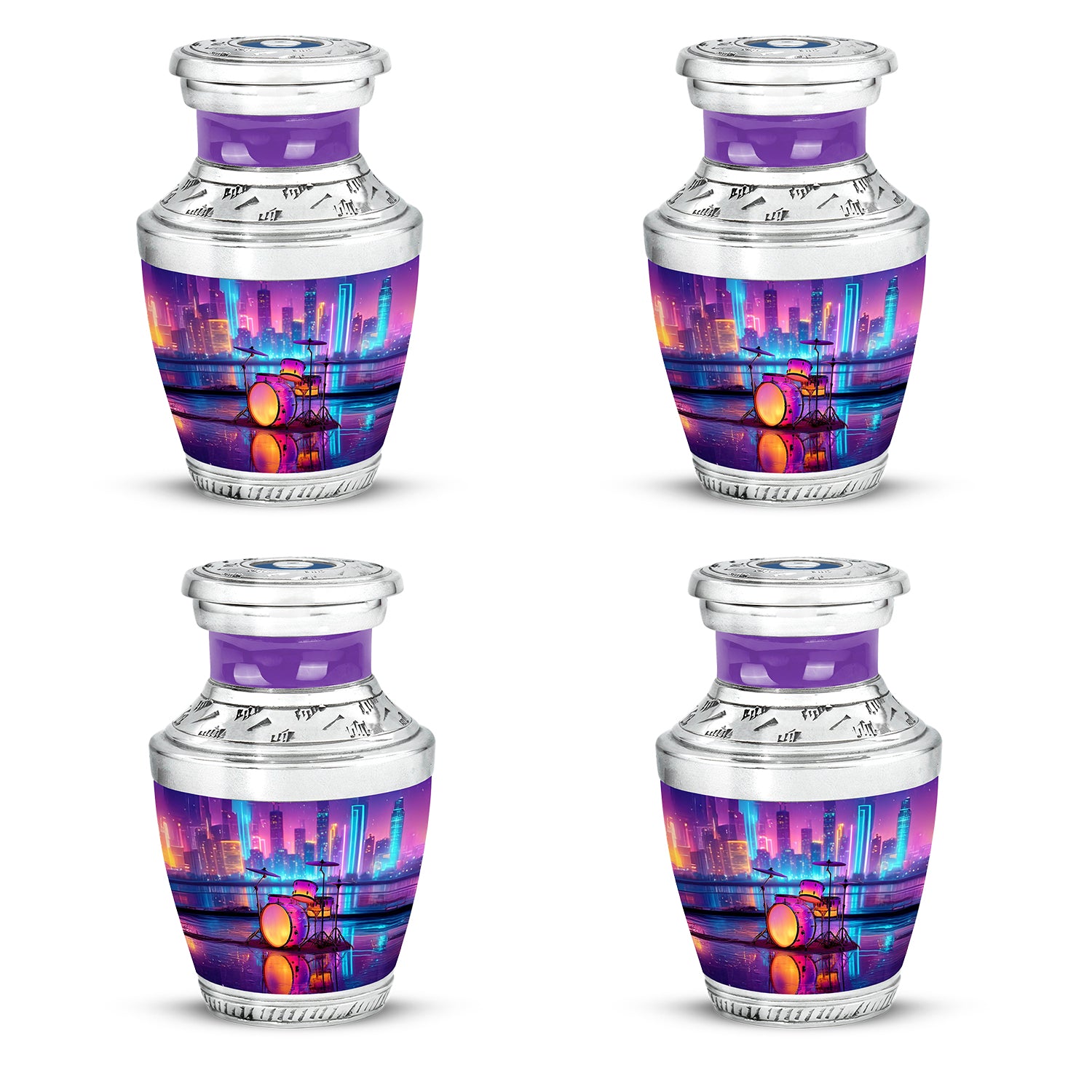 Pastel Blue Drums Cremation Urn back view with polished surface - modern art-inspired drums motif on sleek aluminum - 10 inch aluminum urn for cremated remains