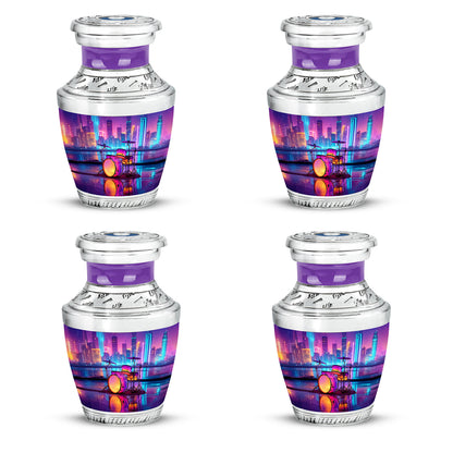 Pastel Blue Drums Cremation Urn back view with polished surface - modern art-inspired drums motif on sleek aluminum - 10 inch aluminum urn for cremated remains