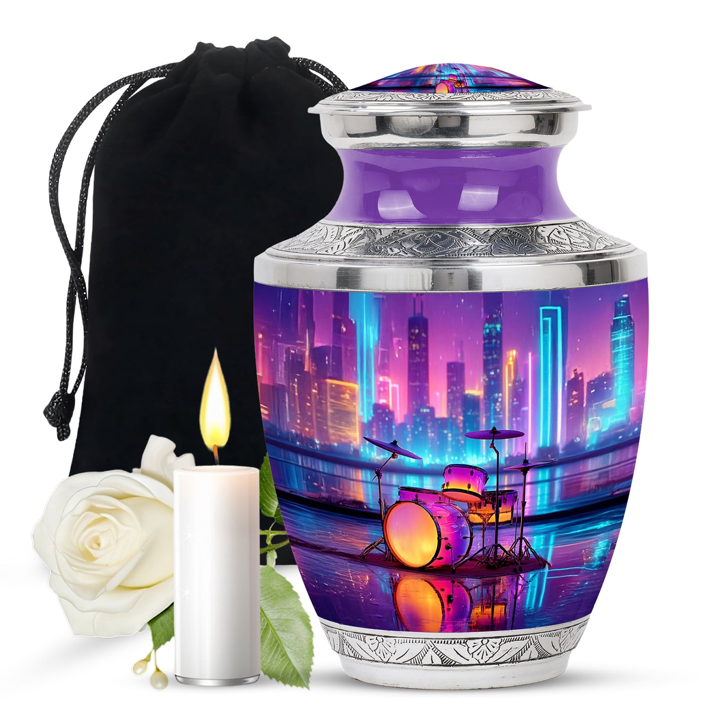 Slate Blue Drums Cremation Urn side profile showing urn shape - contemporary drums design with modern artistic flair - full-size 10 inch 200 cubic inch adult cremation urn