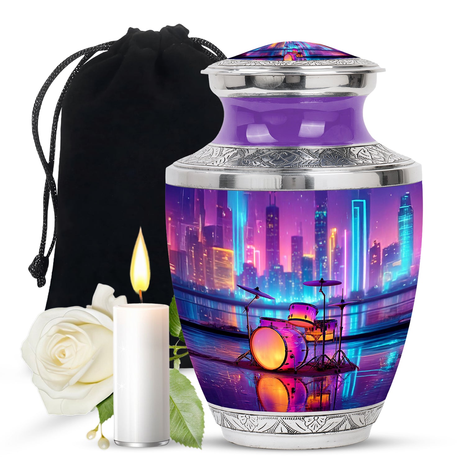 Slate Blue Drums Cremation Urn side profile showing urn shape - contemporary drums design with modern artistic flair - full-size 10 inch 200 cubic inch adult cremation urn