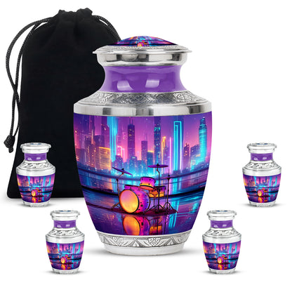 Misty Blue Drums Cremation Urn lifestyle display on memorial shelf - contemporary drums design with modern artistic flair - memorial set with one large and four small urns