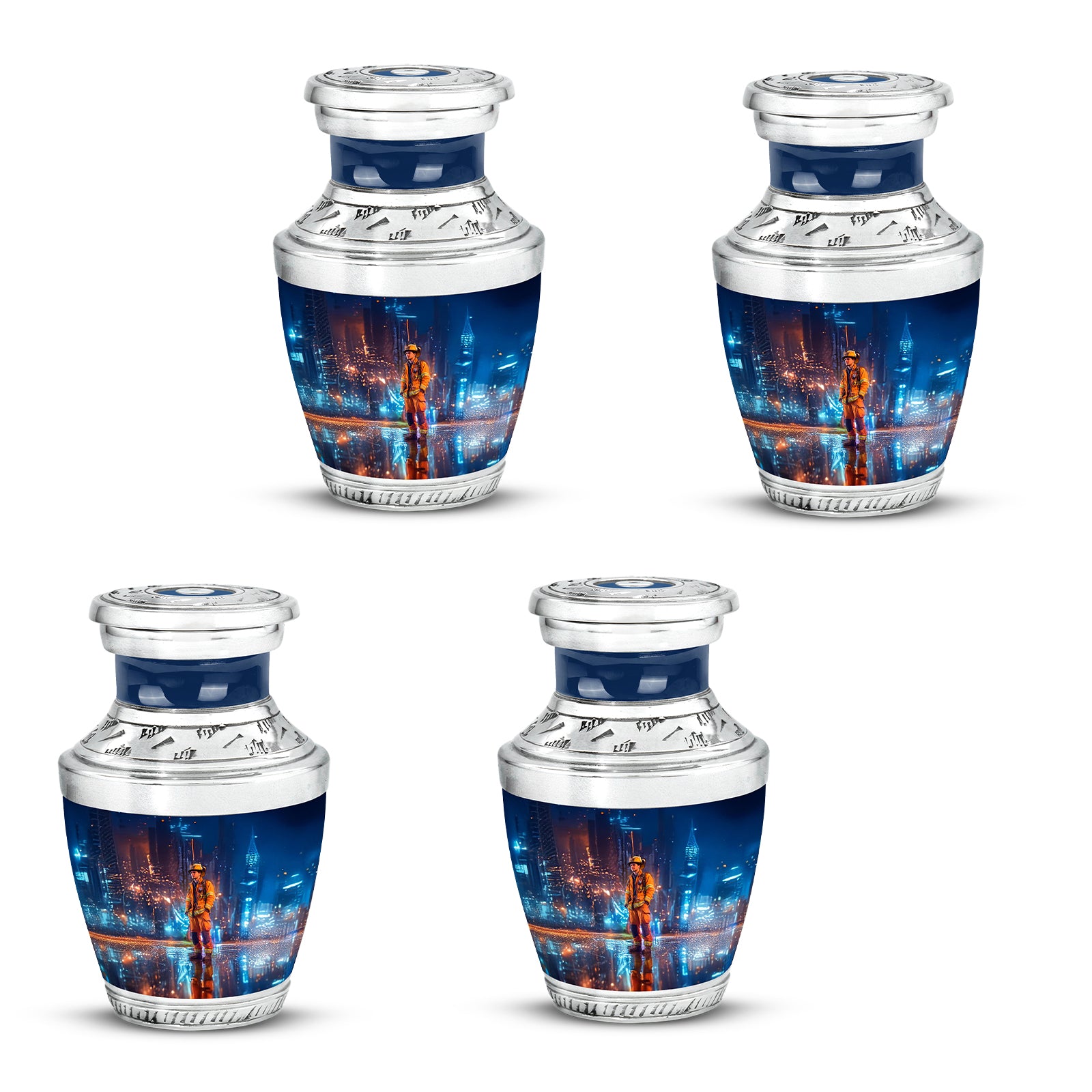 Indigo Firefighter Cremation Urn back view with polished surface - modern art-inspired firefighter motif on sleek aluminum - 10 inch aluminum urn for cremated remains