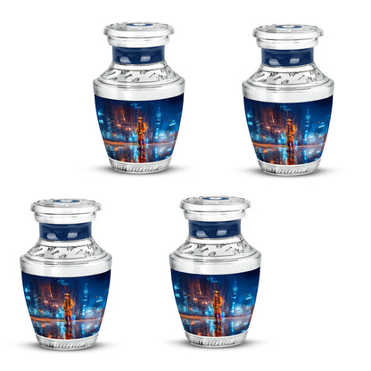 Indigo Firefighter Cremation Urn back view with polished surface - modern art-inspired firefighter motif on sleek aluminum - 10 inch aluminum urn for cremated remains
