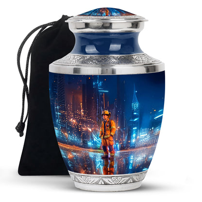 Powder Blue Firefighter Cremation Urn side profile showing urn shape - modern art-inspired firefighter motif on sleek aluminum - full-size 10 inch 200 cubic inch adult cremation urn