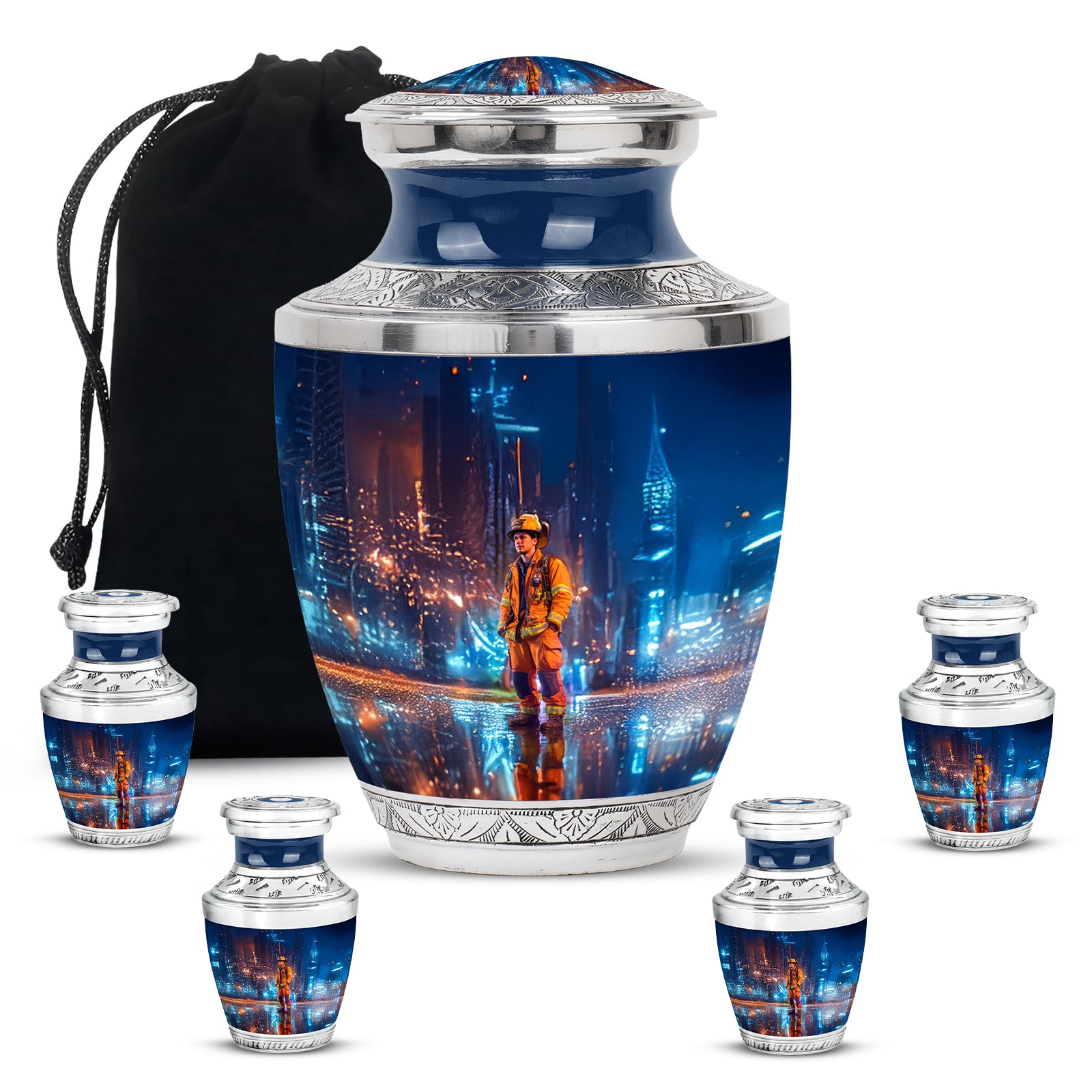 Pastel Blue Firefighter Cremation Urn lifestyle display on memorial shelf - contemporary firefighter design with modern artistic flair - memorial set with one large and four small urns