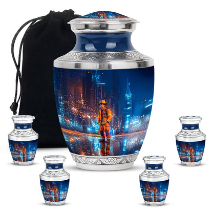 Pastel Blue Firefighter Cremation Urn lifestyle display on memorial shelf - contemporary firefighter design with modern artistic flair - memorial set with one large and four small urns