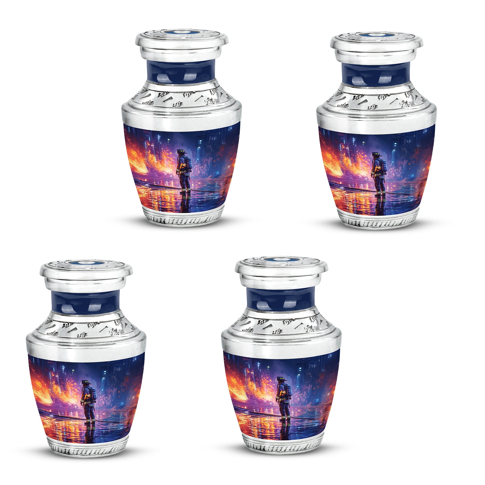 Slate Blue Firefighter Cremation Urn back view with polished surface - contemporary firefighter design with modern artistic flair - 10 inch aluminum urn for cremated remains