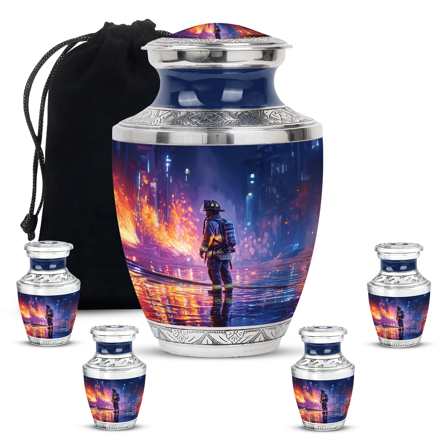 Sapphire Blue Firefighter Cremation Urn lifestyle display on memorial shelf - artistic firefighter interpretation with creative detail - memorial set with one large and four small urns