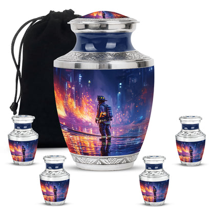 Sapphire Blue Firefighter Cremation Urn lifestyle display on memorial shelf - artistic firefighter interpretation with creative detail - memorial set with one large and four small urns