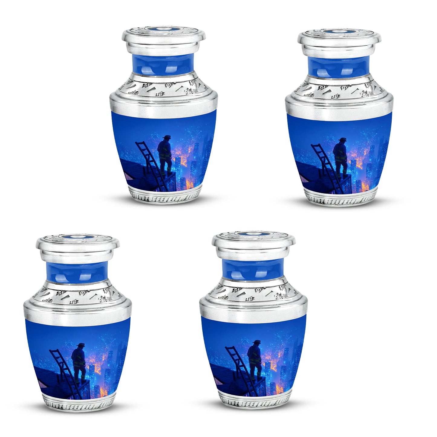 Slate Blue Firefighter Cremation Urn back view with polished surface - contemporary firefighter design with modern artistic flair - 10 inch aluminum urn for cremated remains