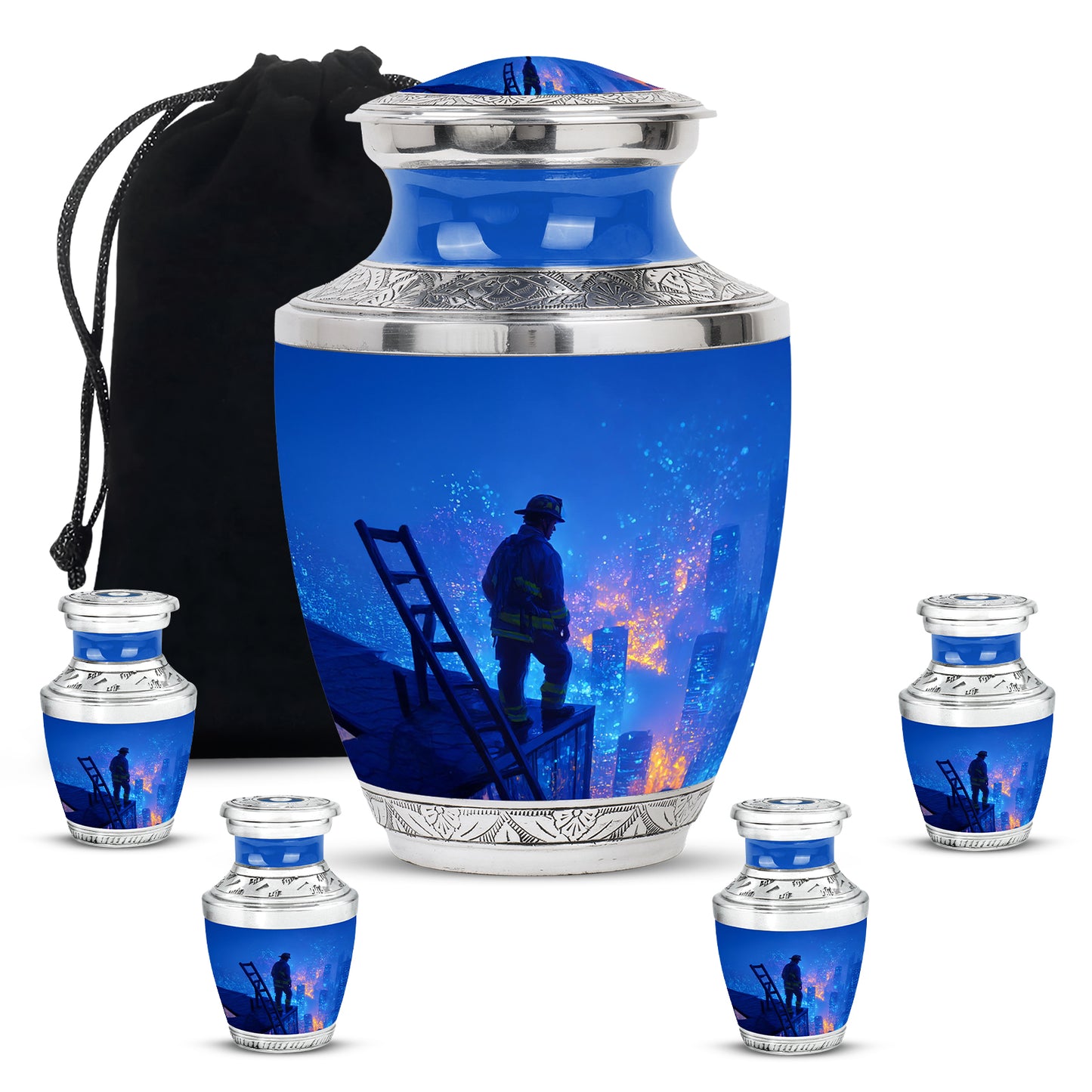 Powder Blue Firefighter Cremation Urn lifestyle display on memorial shelf - contemporary firefighter design with modern artistic flair - memorial set with one large and four small urns