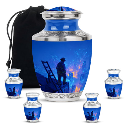 Powder Blue Firefighter Cremation Urn lifestyle display on memorial shelf - contemporary firefighter design with modern artistic flair - memorial set with one large and four small urns