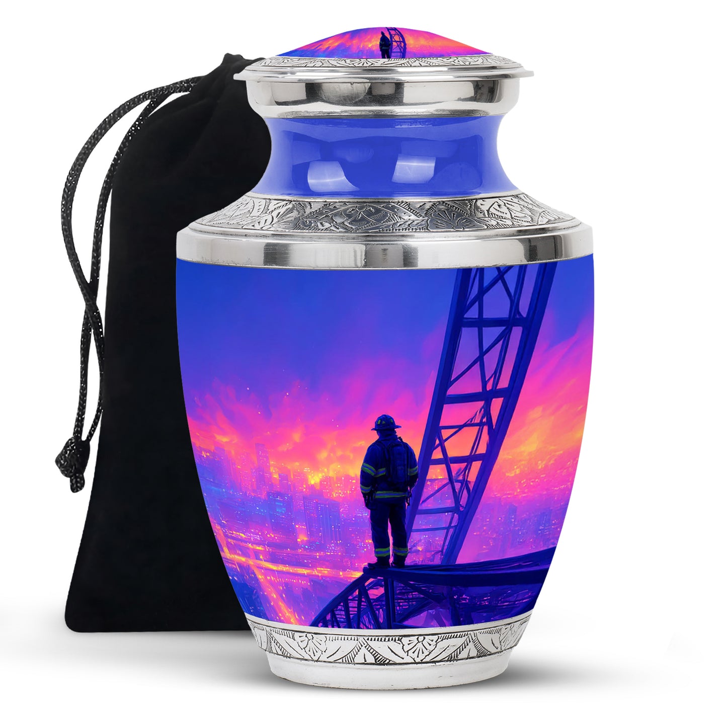 Serene Blue Firefighter Cremation Urn side profile showing urn shape - artistic firefighter interpretation with creative detail - full-size 10 inch 200 cubic inch adult cremation urn
