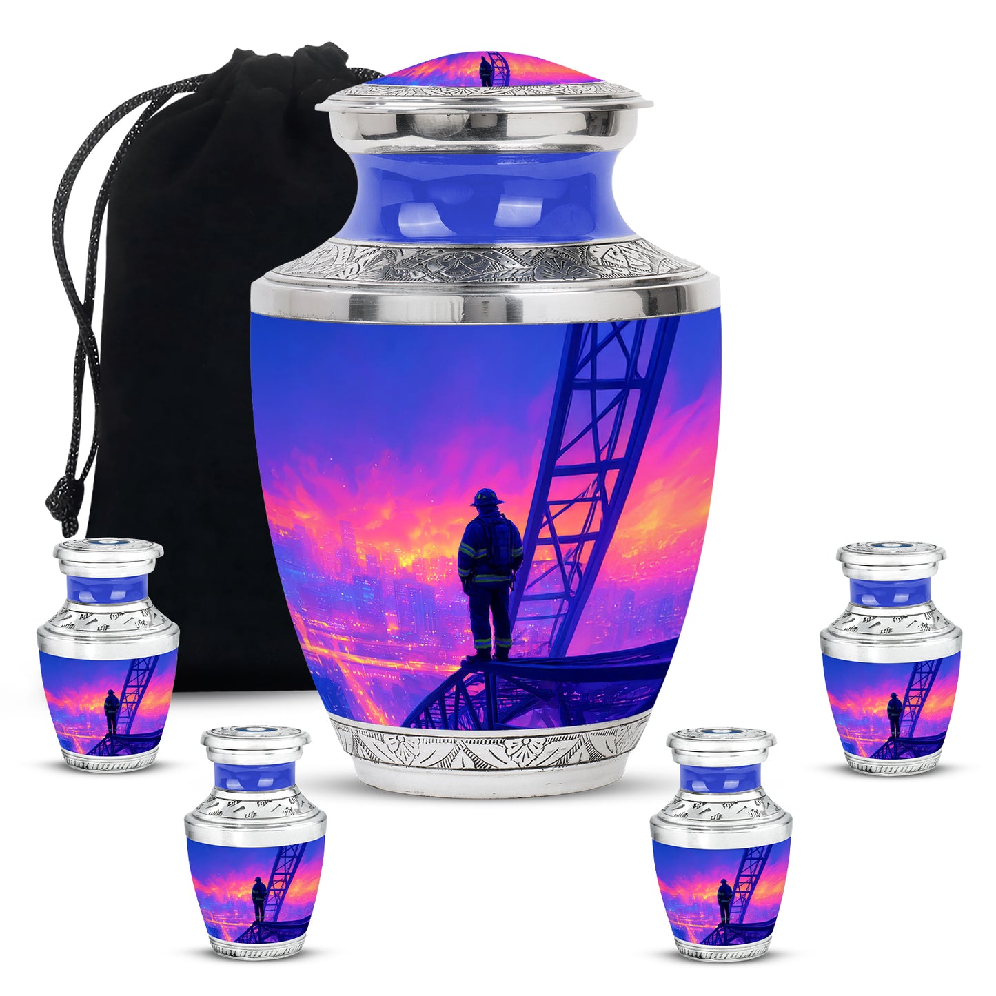 Cornflower Blue Firefighter Cremation Urn lifestyle display on memorial shelf - stylized abstract firefighter pattern with bold lines - memorial set with one large and four small urns