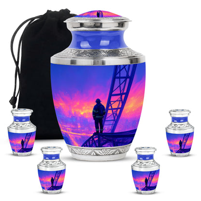 Cornflower Blue Firefighter Cremation Urn lifestyle display on memorial shelf - stylized abstract firefighter pattern with bold lines - memorial set with one large and four small urns