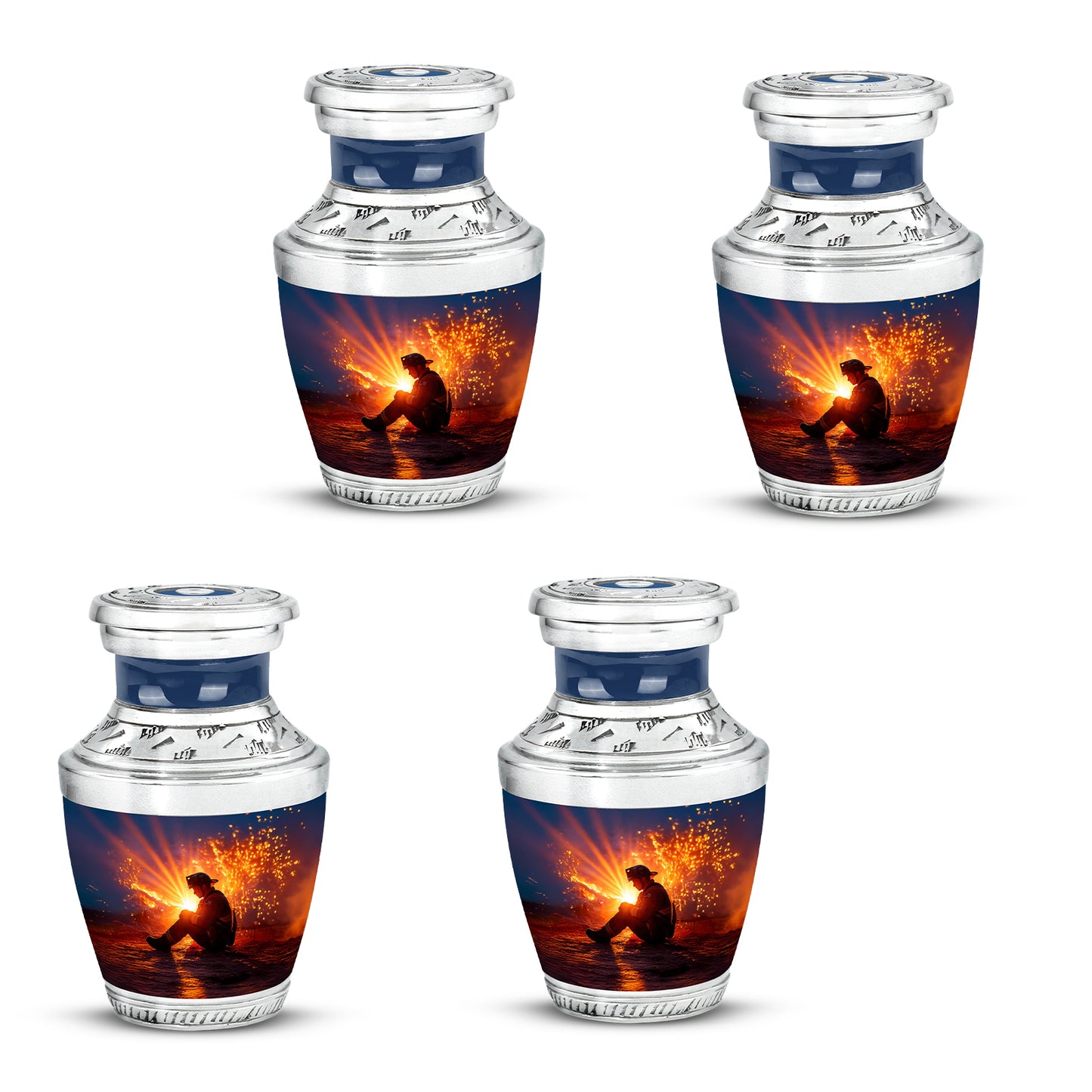 Azure Firefighter Cremation Urn back view with polished surface - contemporary firefighter design with modern artistic flair - 10 inch aluminum urn for cremated remains