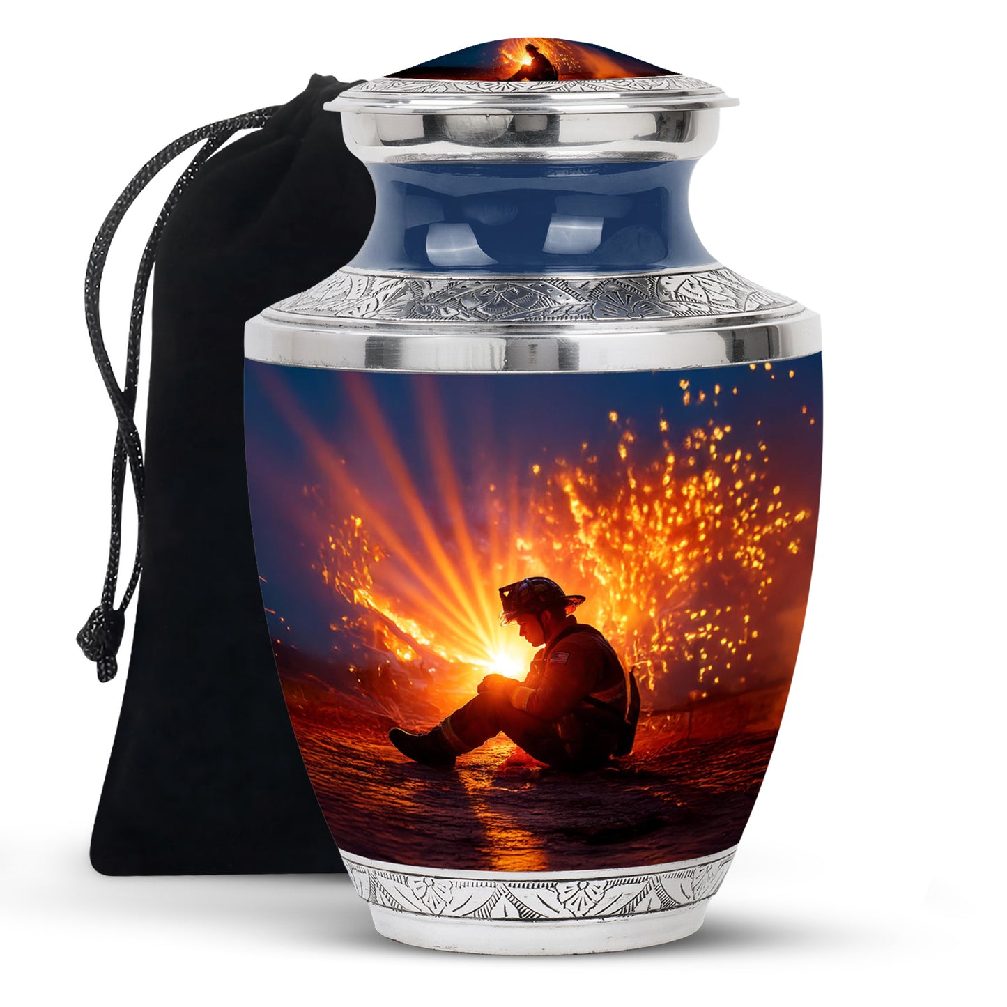 Pastel Blue Firefighter Cremation Urn side profile showing urn shape - modern art-inspired firefighter motif on sleek aluminum - full-size 10 inch 200 cubic inch adult cremation urn
