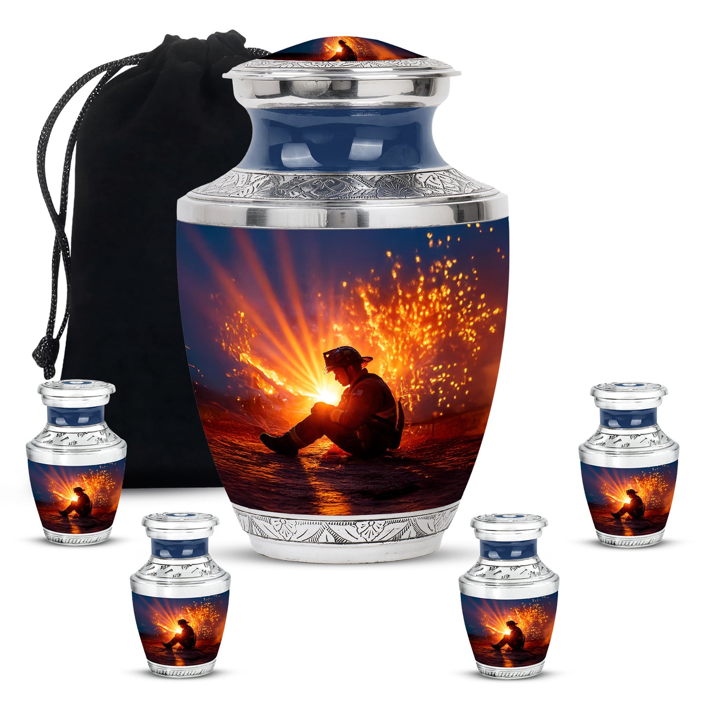 Cornflower Blue Firefighter Cremation Urn lifestyle display on memorial shelf - stylized abstract firefighter pattern with bold lines - memorial set with one large and four small urns