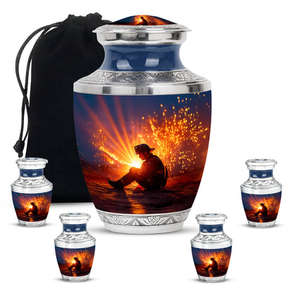 Cornflower Blue Firefighter Cremation Urn lifestyle display on memorial shelf - stylized abstract firefighter pattern with bold lines - memorial set with one large and four small urns
