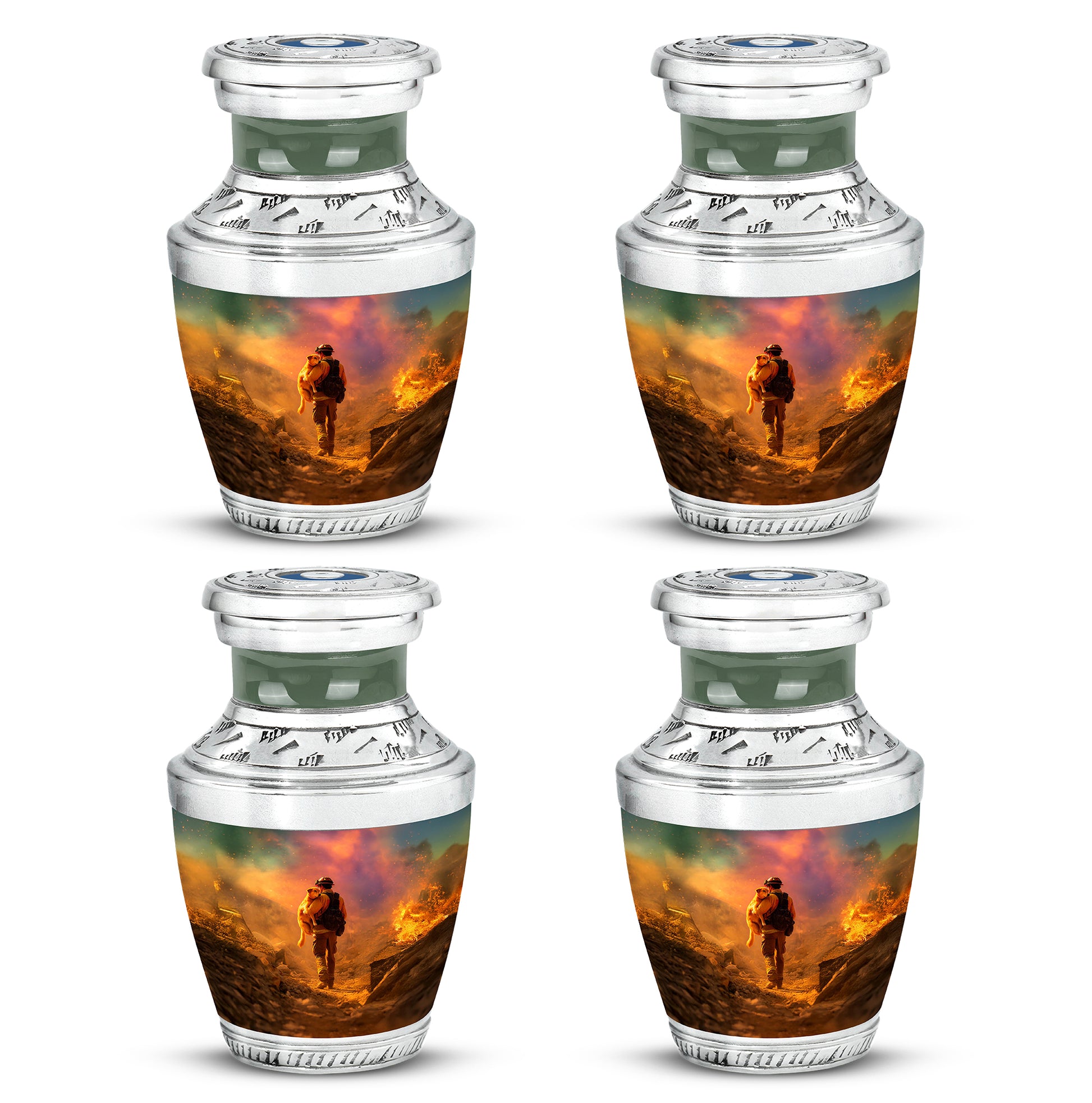 Antique Gold Firefighter Cremation Urn back view with polished surface - contemporary firefighter design with modern artistic flair - 10 inch aluminum urn for cremated remains