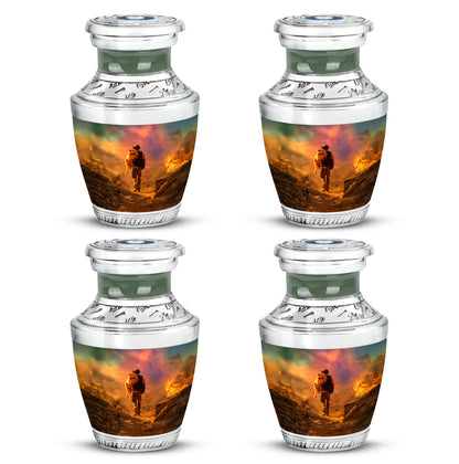 Antique Gold Firefighter Cremation Urn back view with polished surface - contemporary firefighter design with modern artistic flair - 10 inch aluminum urn for cremated remains