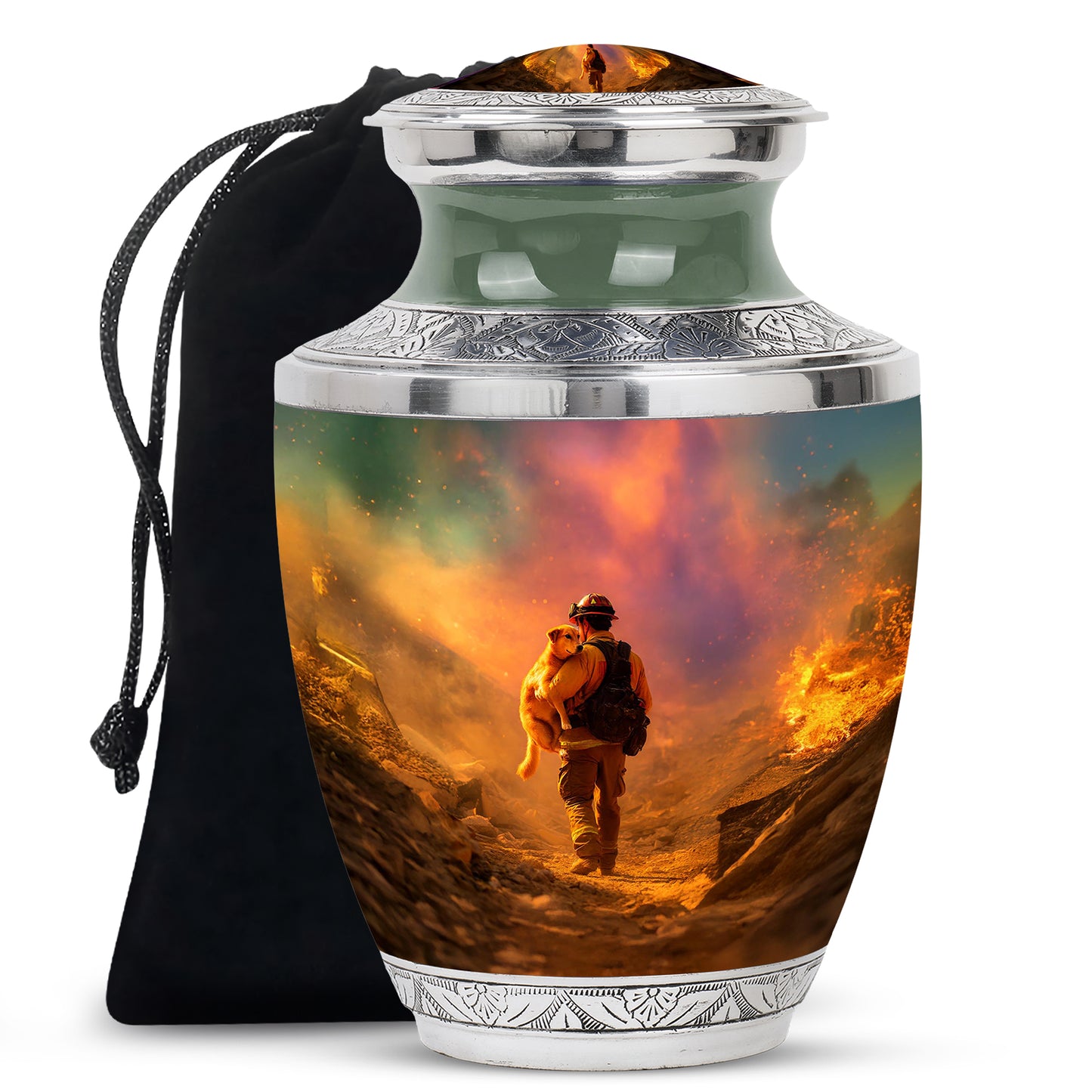 Sunrise Gold Firefighter Cremation Urn side profile showing urn shape - modern art-inspired firefighter motif on sleek aluminum - full-size 10 inch 200 cubic inch adult cremation urn