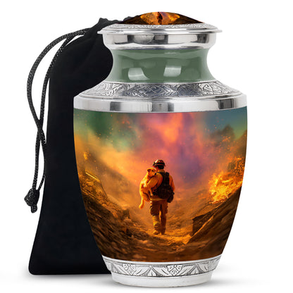 Sunrise Gold Firefighter Cremation Urn side profile showing urn shape - modern art-inspired firefighter motif on sleek aluminum - full-size 10 inch 200 cubic inch adult cremation urn
