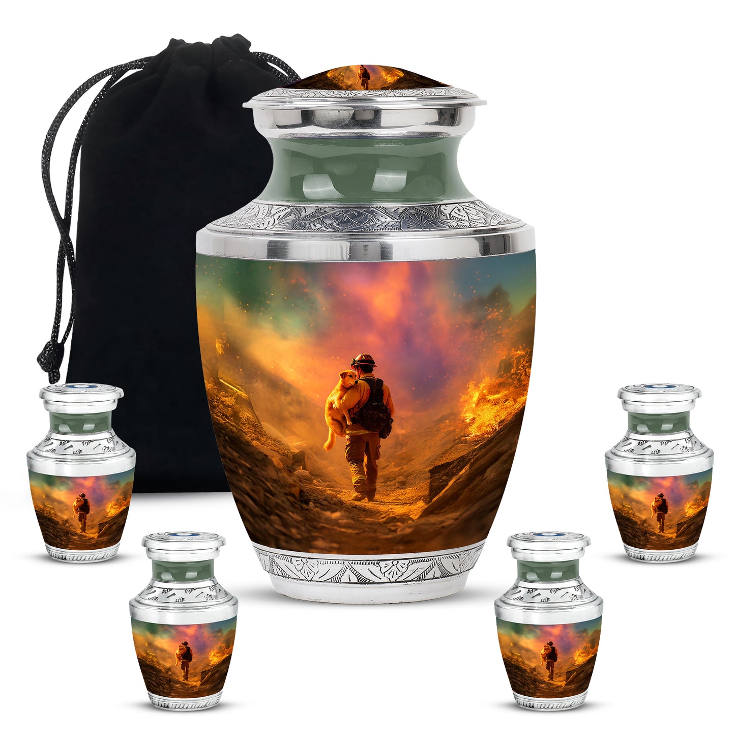 Amber Gold Firefighter Cremation Urn lifestyle display on memorial shelf - contemporary firefighter design with modern artistic flair - memorial set with one large and four small urns