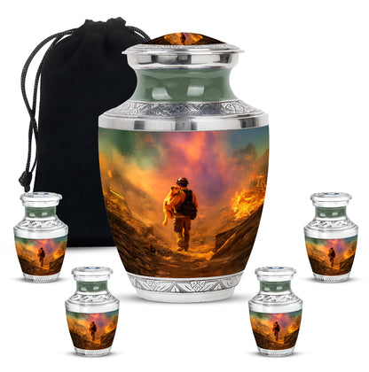 Amber Gold Firefighter Cremation Urn lifestyle display on memorial shelf - contemporary firefighter design with modern artistic flair - memorial set with one large and four small urns