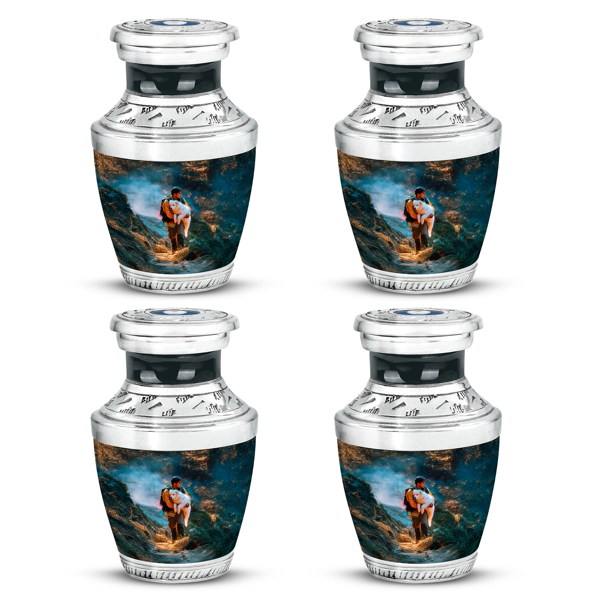 Ocean Teal Firefighter Cremation Urn back view with polished surface - contemporary firefighter design with modern artistic flair - 10 inch aluminum urn for cremated remains