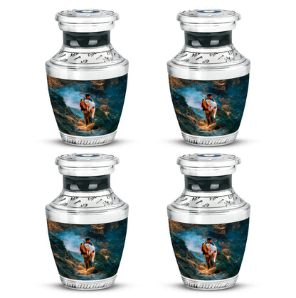 Ocean Teal Firefighter Cremation Urn back view with polished surface - contemporary firefighter design with modern artistic flair - 10 inch aluminum urn for cremated remains