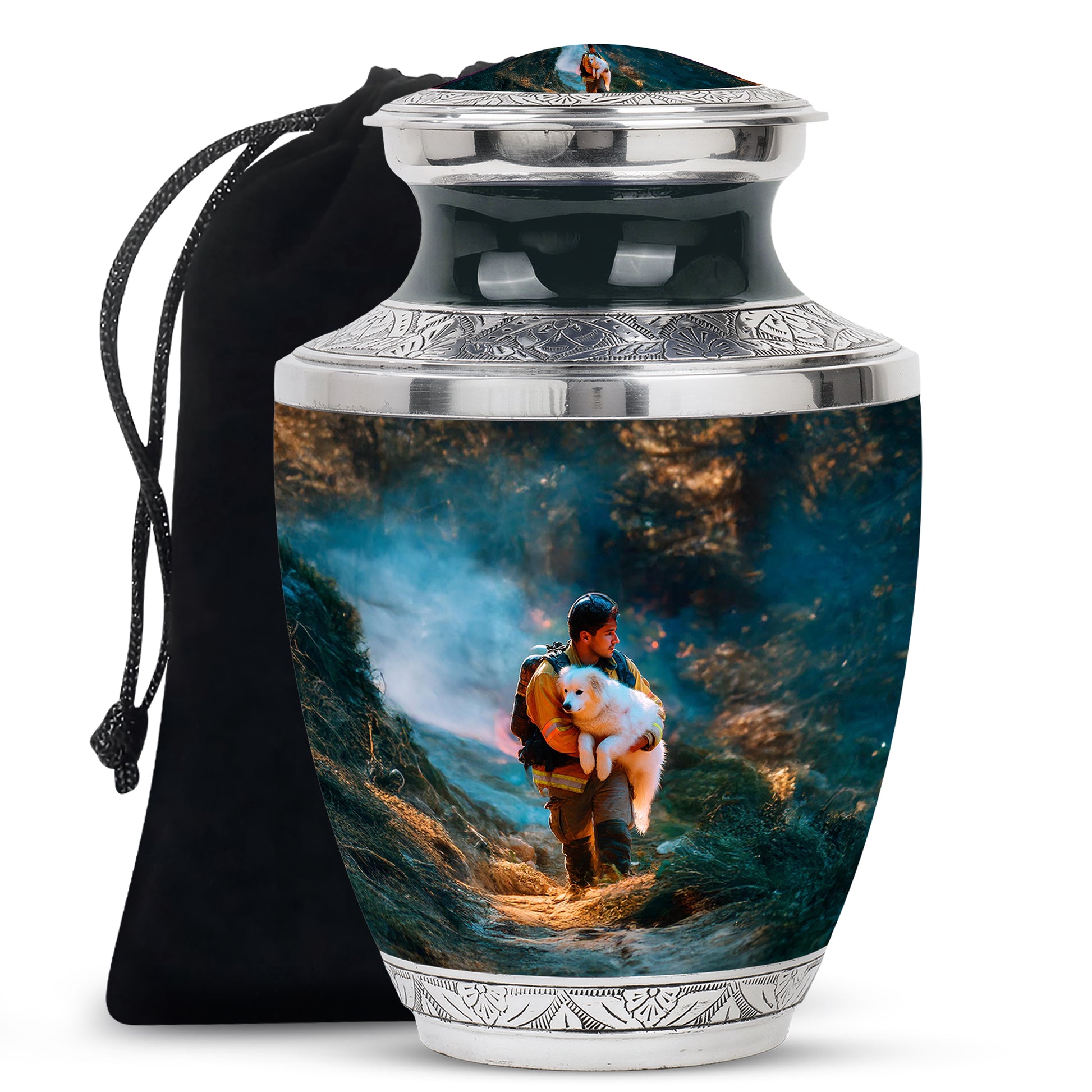 Mystic Teal Firefighter Cremation Urn side profile showing urn shape - artistic firefighter interpretation with creative detail - full-size 10 inch 200 cubic inch adult cremation urn