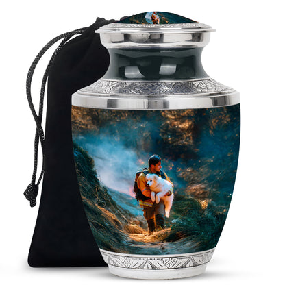 Mystic Teal Firefighter Cremation Urn side profile showing urn shape - artistic firefighter interpretation with creative detail - full-size 10 inch 200 cubic inch adult cremation urn