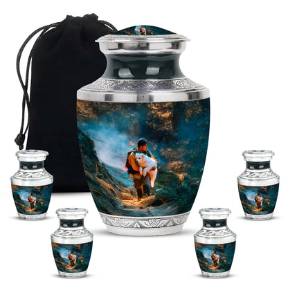 Deep Teal Firefighter Cremation Urn lifestyle display on memorial shelf - stylized abstract firefighter pattern with bold lines - memorial set with one large and four small urns