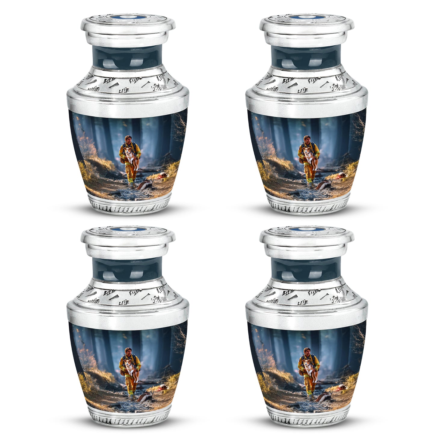 Powder Blue Firefighter Cremation Urn back view with polished surface - modern art-inspired firefighter motif on sleek aluminum - 10 inch aluminum urn for cremated remains