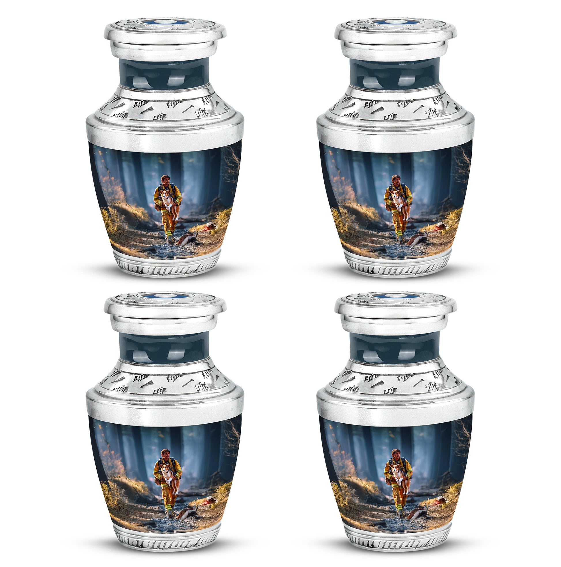 Powder Blue Firefighter Cremation Urn back view with polished surface - modern art-inspired firefighter motif on sleek aluminum - 10 inch aluminum urn for cremated remains