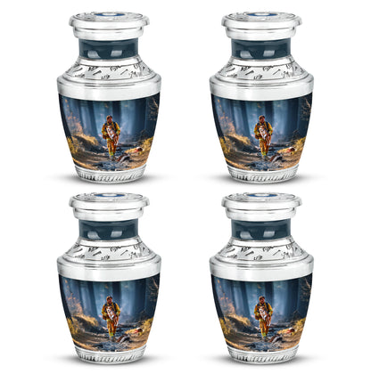 Powder Blue Firefighter Cremation Urn back view with polished surface - modern art-inspired firefighter motif on sleek aluminum - 10 inch aluminum urn for cremated remains
