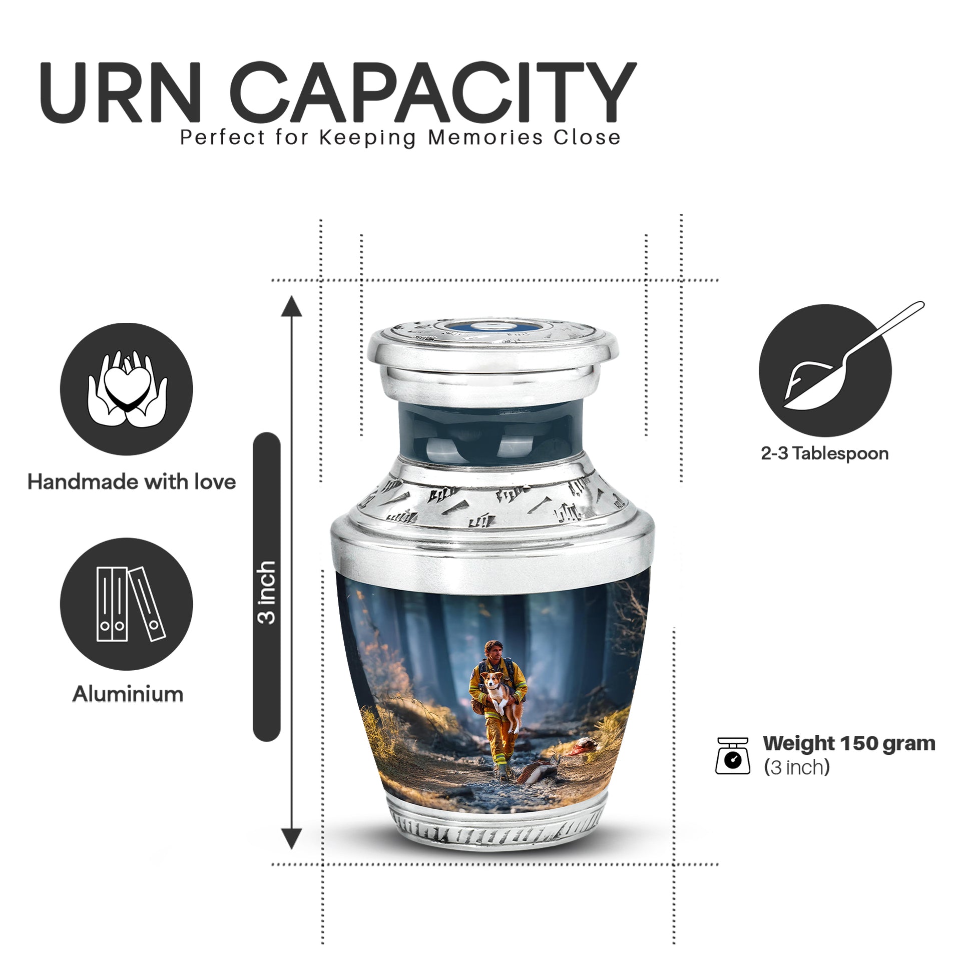 Sky Blue Firefighter Cremation Urn top-down view of secure threaded lid - contemporary firefighter design with modern artistic flair - mini keepsake memorial for portion of cremation ashes