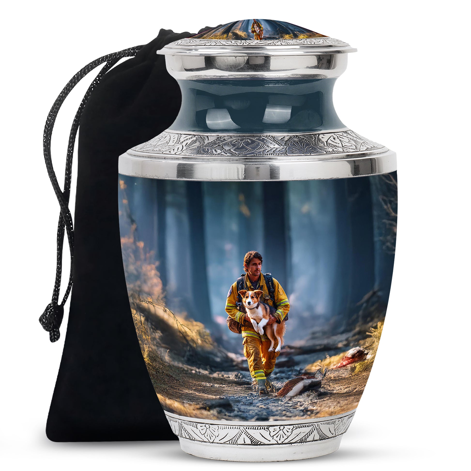 Bright Blue Firefighter Cremation Urn side profile showing urn shape - stylized abstract firefighter pattern with bold lines - full-size 10 inch 200 cubic inch adult cremation urn