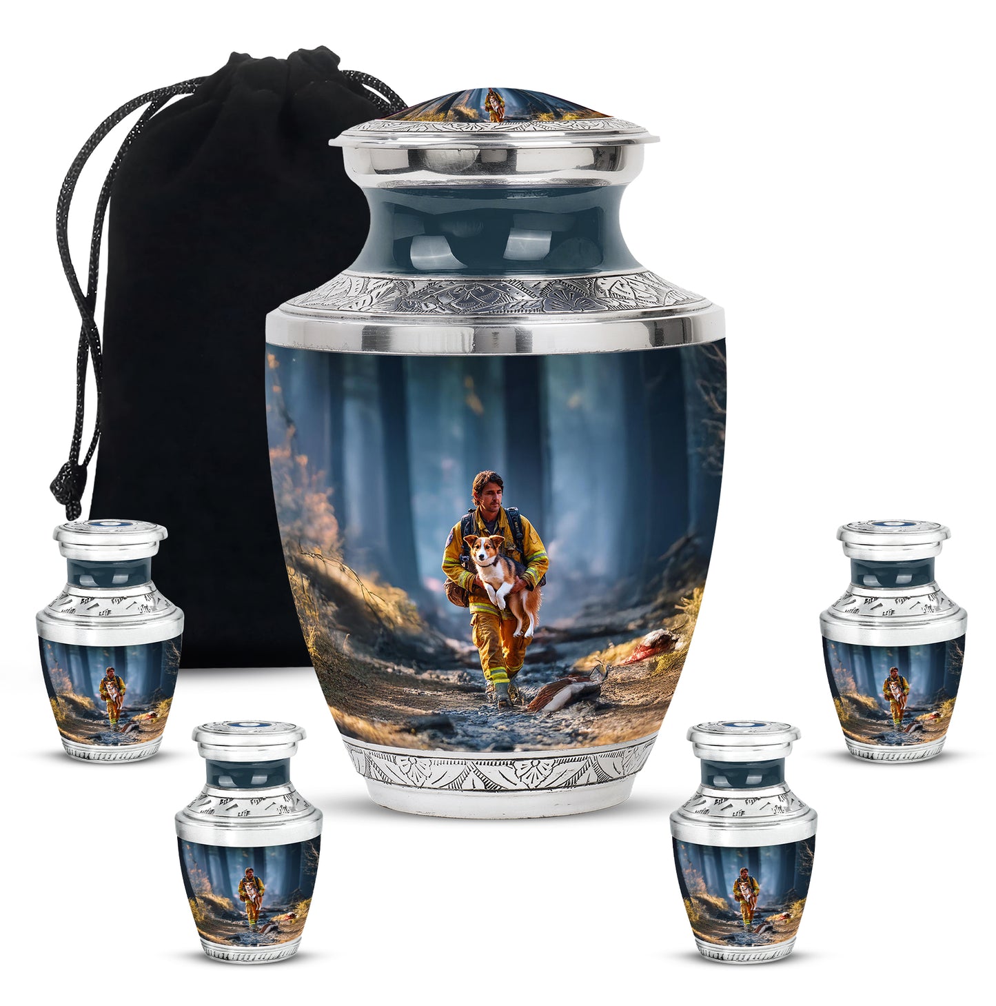 Bright Blue Firefighter Cremation Urn lifestyle display on memorial shelf - stylized abstract firefighter pattern with bold lines - memorial set with one large and four small urns