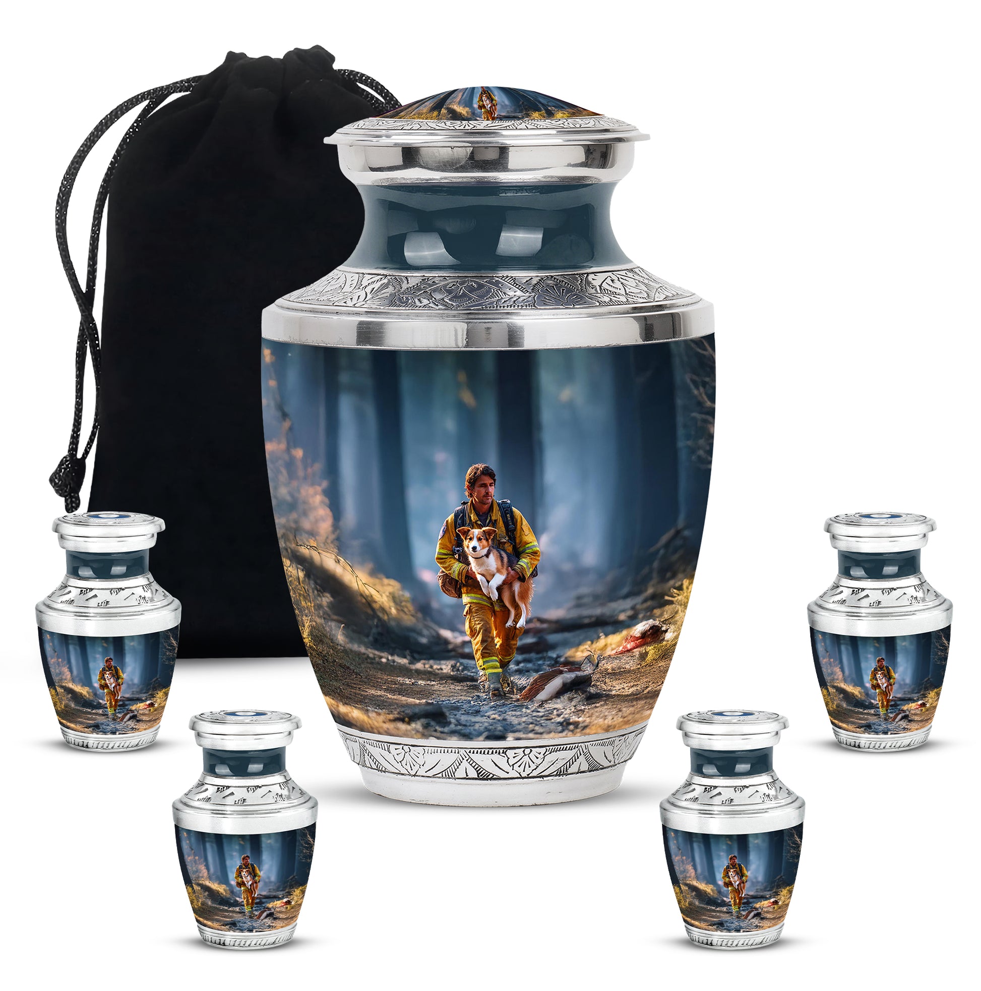 Bright Blue Firefighter Cremation Urn lifestyle display on memorial shelf - stylized abstract firefighter pattern with bold lines - memorial set with one large and four small urns