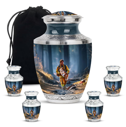 Bright Blue Firefighter Cremation Urn lifestyle display on memorial shelf - stylized abstract firefighter pattern with bold lines - memorial set with one large and four small urns