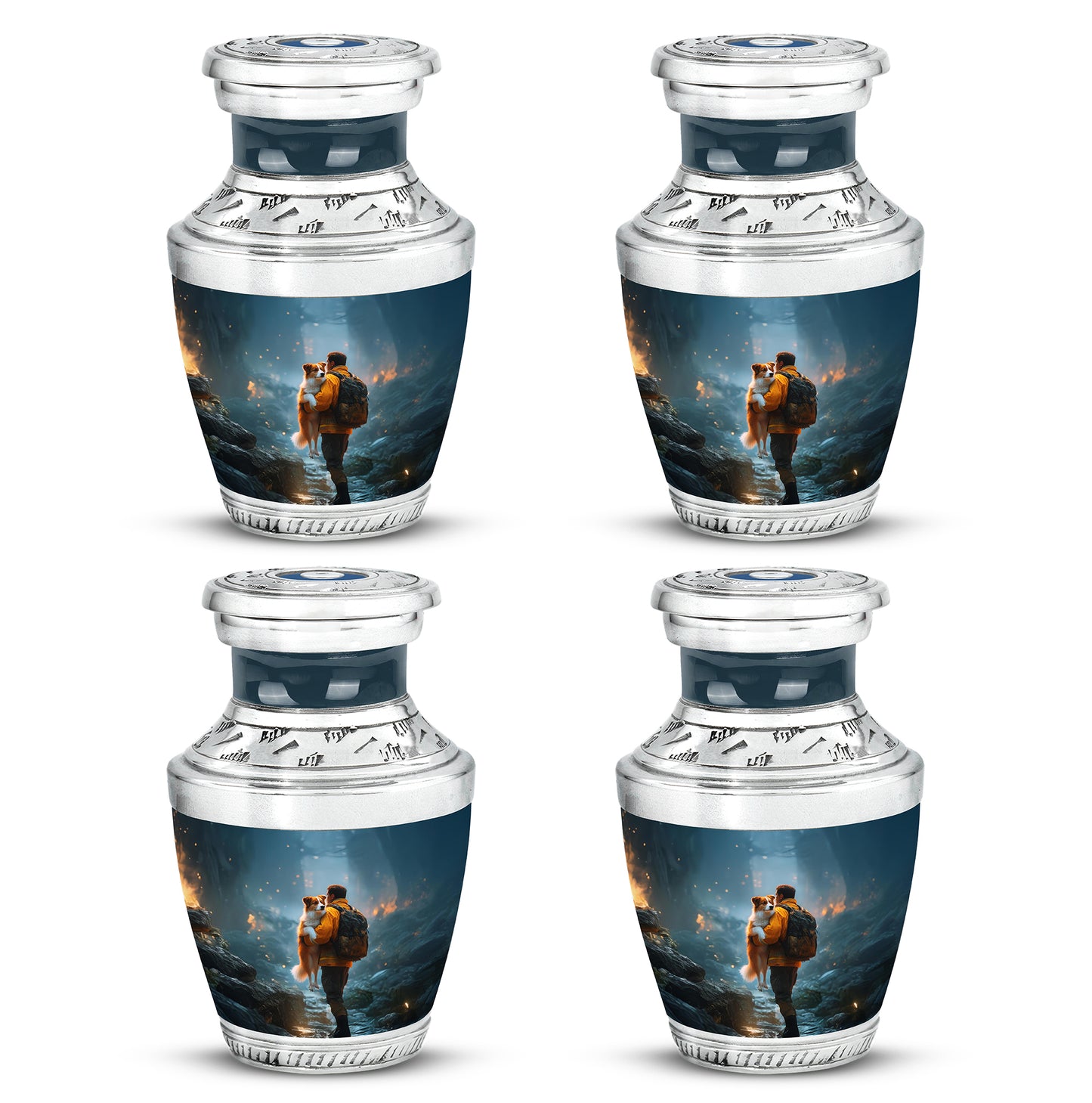 Calming Blue Firefighter Cremation Urn back view with polished surface - stylized abstract firefighter pattern with bold lines - 10 inch aluminum urn for cremated remains